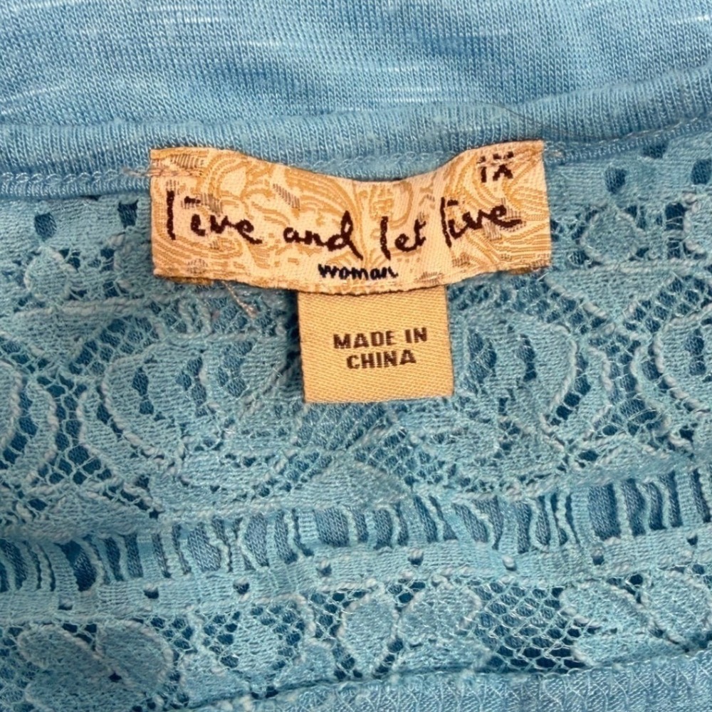 Live and Let Live Top Womens 1XL Blue Lace Tie Front Button Boho Long Sleeve - Picture 10 of 12